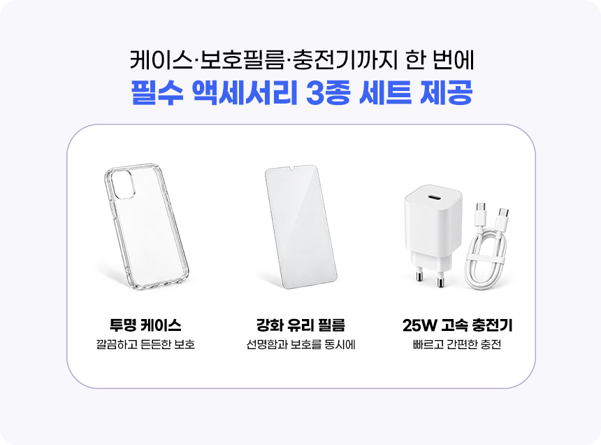필수 액세서리 3종 세트 제공: 투명 케이스, 강화 유리 필름, 25W 고속 충전기.
